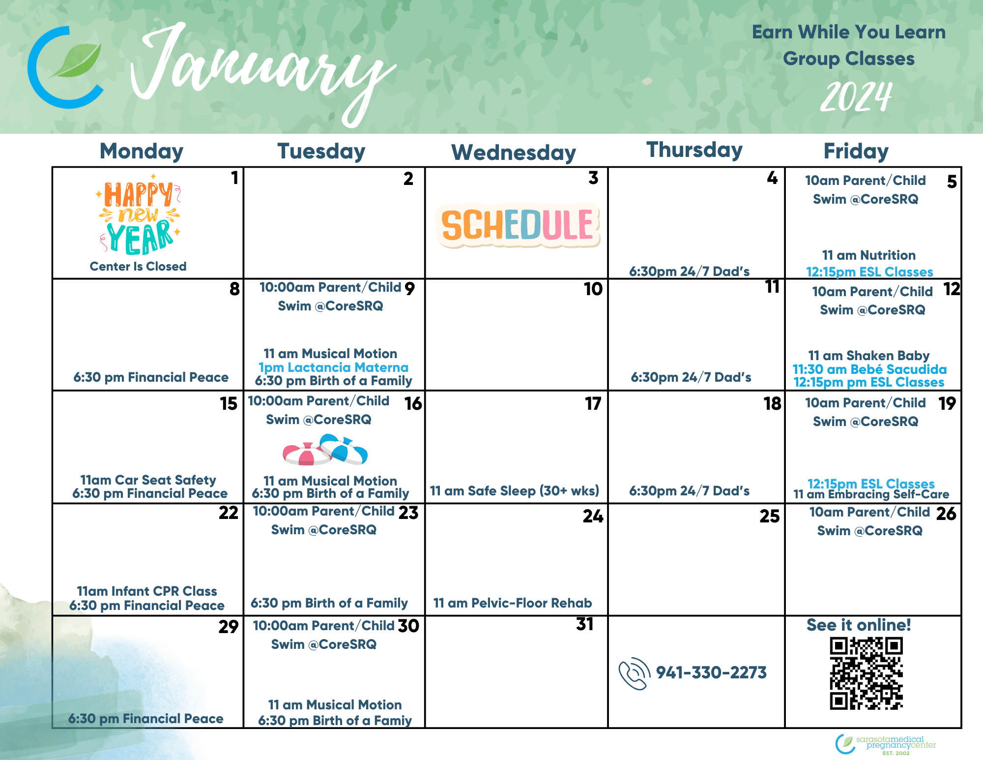 Client group class calendar for January 2024 at Sarasota Pregnancy Center, featuring weekly classes like Parent/Child Swim, Musical Motion, and Financial Peace, along with special events and resources for expectant parents.
